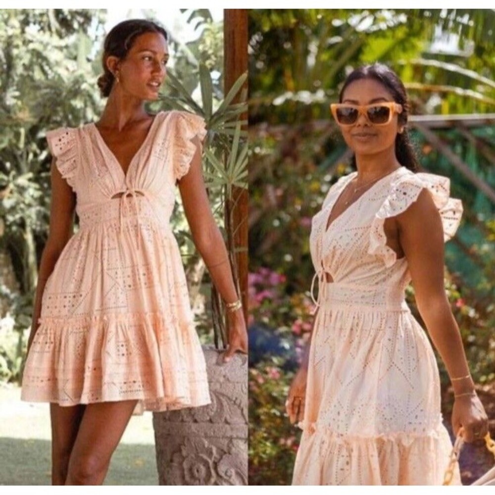Cleobella Elle Shell Pink/Peach Eyelet Mini Dress size Large